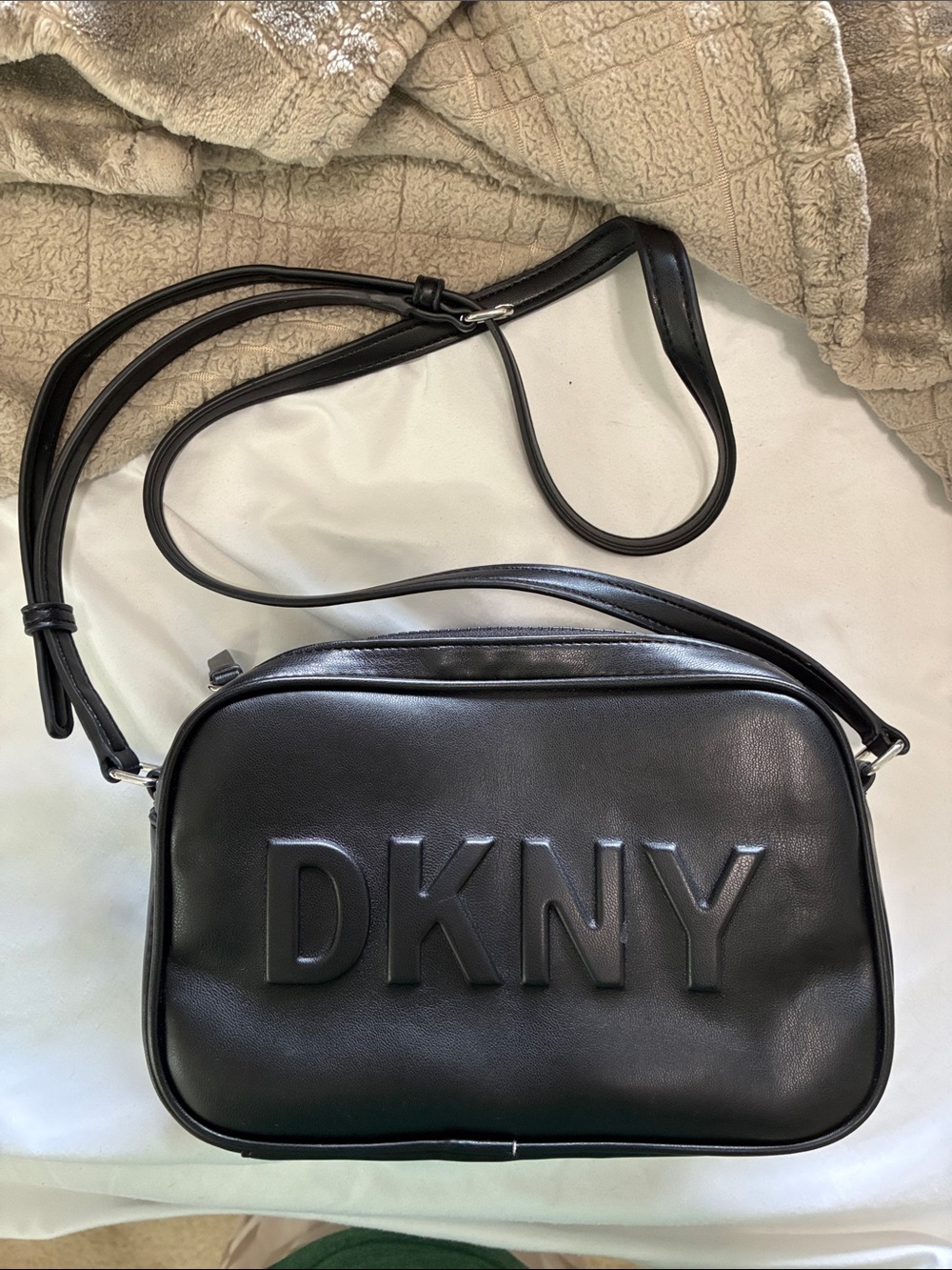 DKNY Black Embossed Logo Leather Crossbody